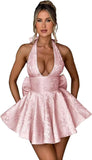 Satin Halter Homecoming Dresses for Teens 2027 V Neck Jacquard A-line Short Prom Cocktail Gowns with Bow