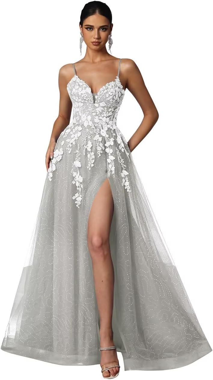 Tulle Prom Dresses 2027 Puffy Ball Gown for Women Formal V Neck Lace Appliques Evening Gown with Slit Long Homecoming Dress