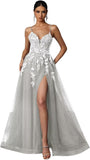 Tulle Prom Dresses 2027 Puffy Ball Gown for Women Formal V Neck Lace Appliques Evening Gown with Slit Long Homecoming Dress