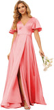 Women's V Neck Ruffle Sleeves Bridesmaid Dresses with Slit 2025 Satin A-Line Formal Evening Gowns