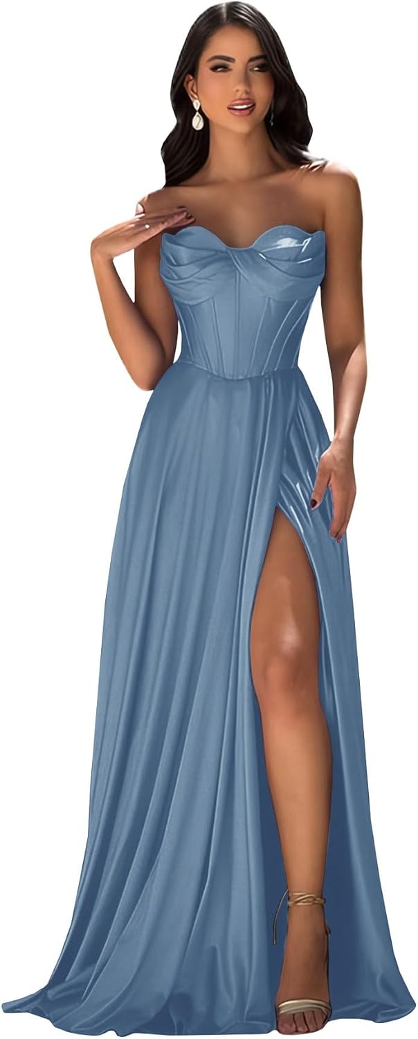 Strapless Prom Dress with Slit Satin A Line Long Ball Gowns for Women Sweetheart Corset Formal Dress with Pockets