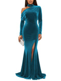Mermaid Velvet Prom Dresses with Slit 2027 Long Sleeve Formal Dress for Women One Shoulder Evening Party Gowns