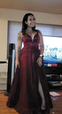 Women's Glittery Spaghetti V-Neck Prom Dresses Long Side Split Formal Evening Gowns
