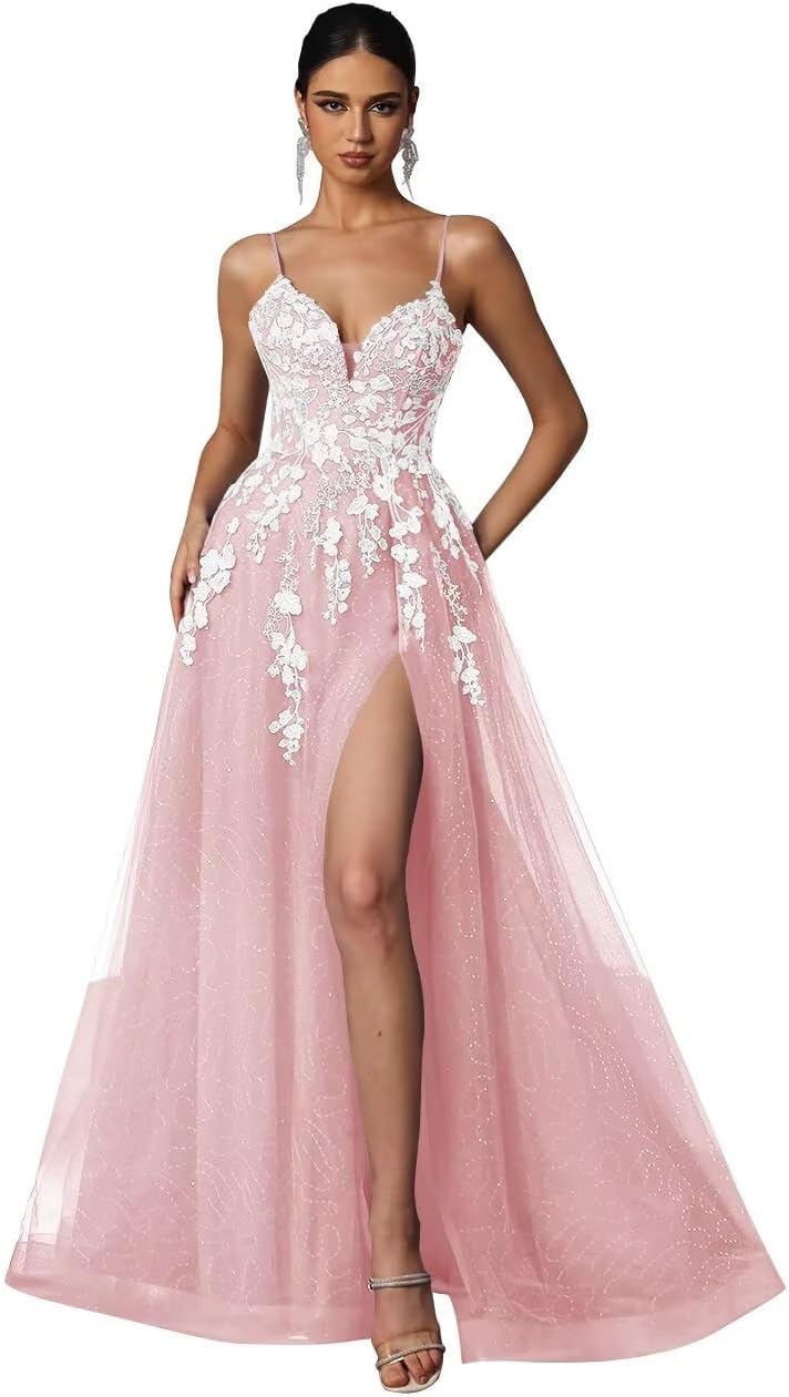 Tulle Prom Dresses 2027 Puffy Ball Gown for Women Formal V Neck Lace Appliques Evening Gown with Slit Long Homecoming Dress