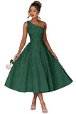 Jacquard Floral Satin Prom Dresses 2026 One Shoulder A-Line Midi Formal Evening Party Gown with Pockets for Women