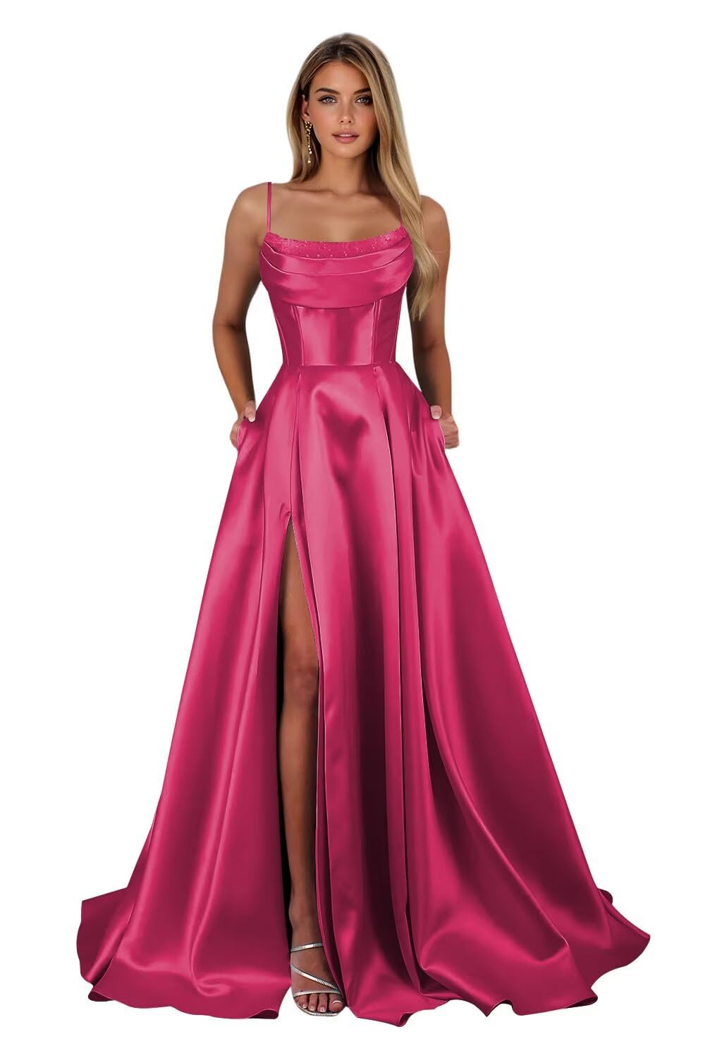 Satin Prom Dresses for Teens Long A-Line Cowl Neck Formal Evening Gown with Slit 2026 Maxi Ball Gowns