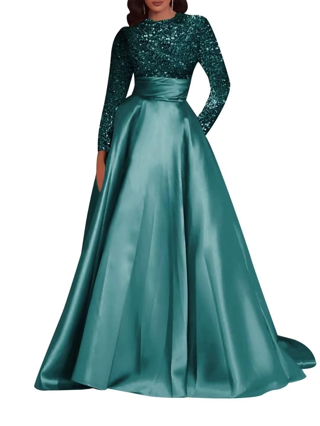 Kingbridal Gowns Long Sleeve Sequin Prom Dresses for Women Satin A-line Formal Dress 2026 Sparkly Evening Party Gowns with Pockets