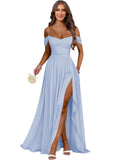 Women's Long Chiffon Bridesmaid Dresses with Slit Off Shoulder A-Line Formal Prom Evening Gown Maxi Wedding Guest Dress