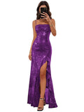 Sparkly Sequin Spaghetti Straps Prom Dresses 2026 Long Ruffles Pleated Formal Evening Dress with Slit