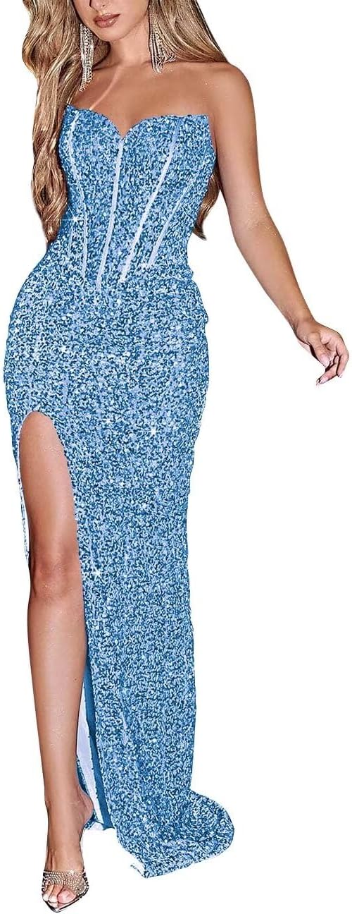 Sparkly Sequin Prom Dresses for Women 2025 Long Mermaid Strapless Glitter Formal Evening Prom Ball Gown with Slit