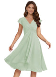 Short Chiffon Bridesmaid Dresses for Women V Neck Flutter Sleeves Ruffle Formal Cocktail Gowns with Pockets
