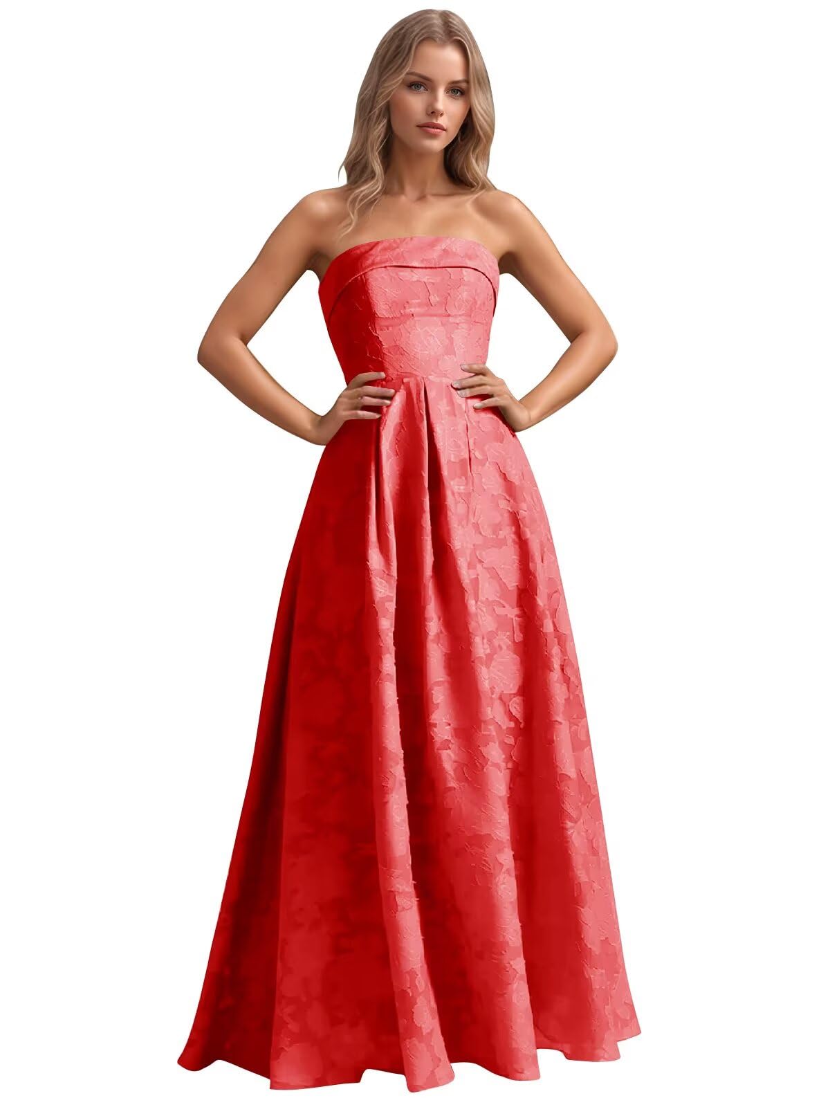 Jacquard Floral Prom Dresses Strapless Maxi Evening Gowns A-Line Ruched Formal Party Dress Elegant