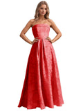 Jacquard Floral Prom Dresses Strapless Maxi Evening Gowns A-Line Ruched Formal Party Dress Elegant