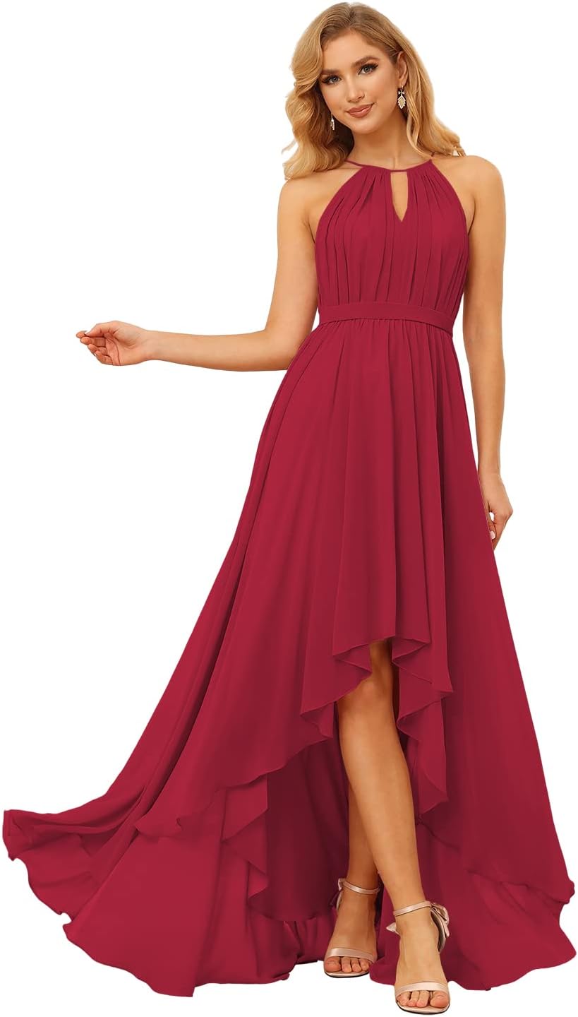 Damen Neckholder Brautjungfernkleider Lang mit Taschen High-Low Falten Formelles Kleid für Hochzeit 