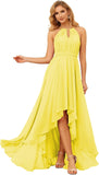 Damen Neckholder Brautjungfernkleider Lang mit Taschen High-Low Falten Formelles Kleid für Hochzeit 