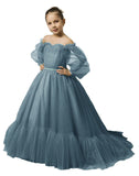 Puffy Sleeves Flower Girl Dress for Wedding Tulle Princess Pageant Dress Kids Prom Ball Gown with Belt
