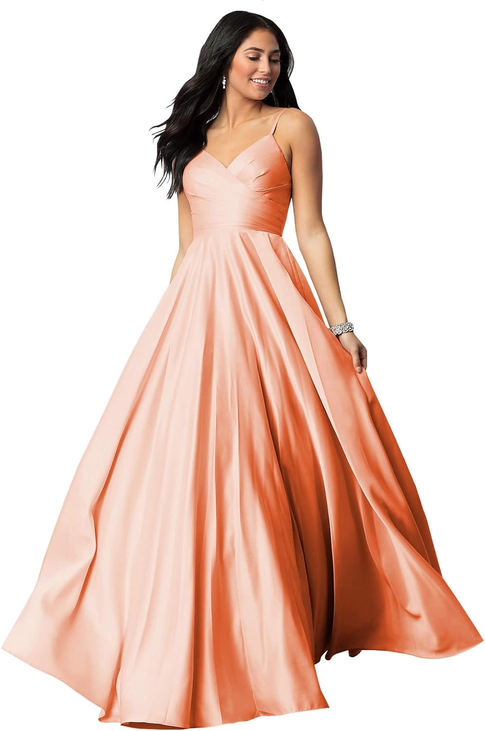 Women's Spaghetti Straps Satin Prom Dresses with Pockets V Neck Pleated Formal Evening Ball Gowns