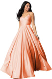 Women's Spaghetti Straps Satin Prom Dresses with Pockets V Neck Pleated Formal Evening Ball Gowns