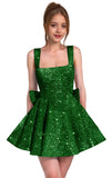 Sparkly Sequin Homecoming Dresses for Teens Short Prom Dress Square Neck Bow Formal Cocktail Gowns with Pockets