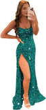 Women's Sequin Mermaid Prom Dresses with Slit Glitter Criss-Cross Long Formal Evening Gowns
