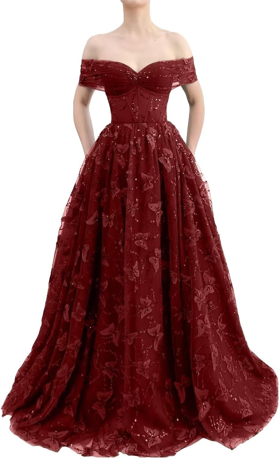 Sparkly Off Shoulder Tulle Prom Dresses with Butterfly Appliques Long A Line Formal Evening Party Gowns for Women
