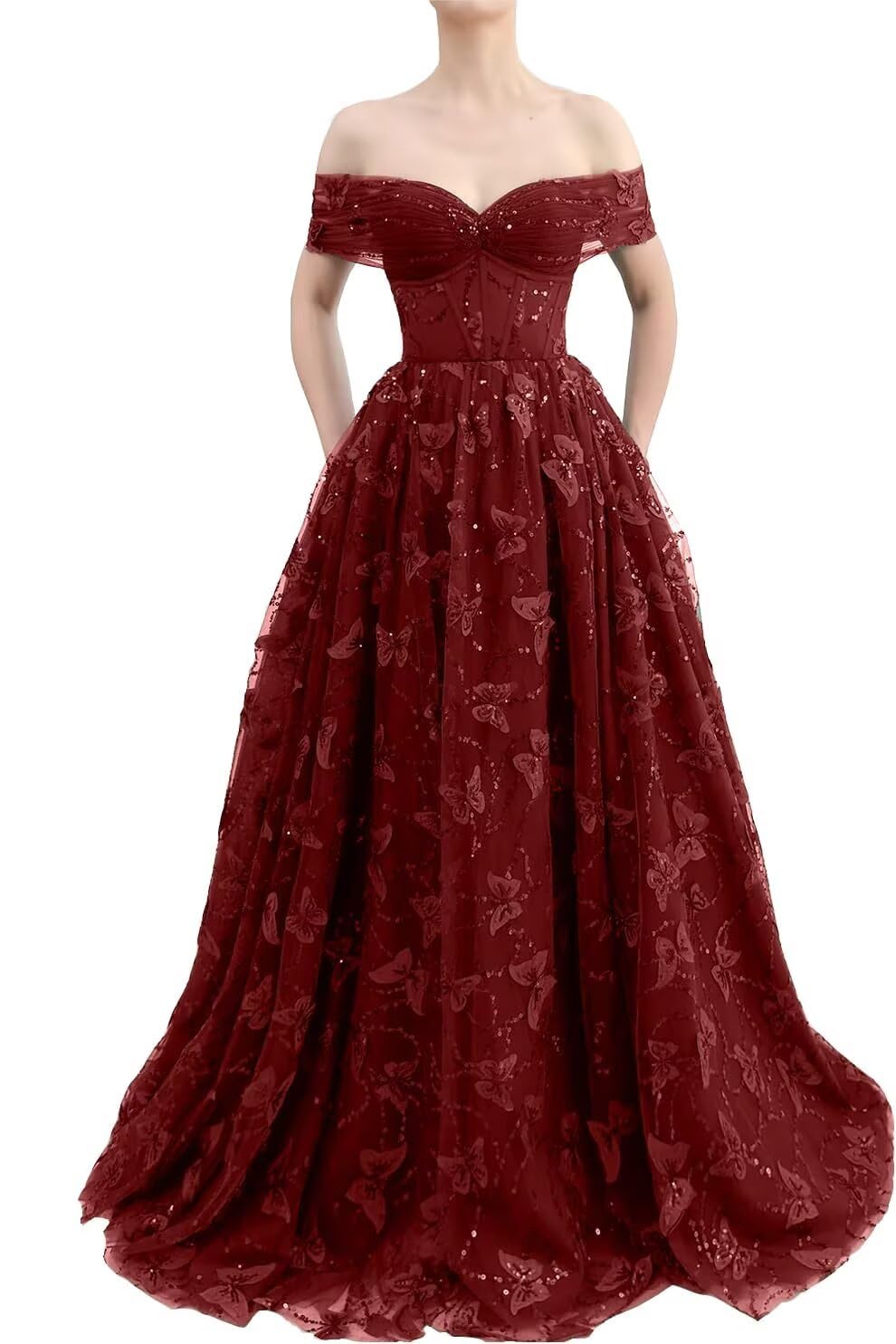 Sparkly Off Shoulder Tulle Prom Dresses with Butterfly Appliques Long A Line Formal Evening Party Gowns for Women