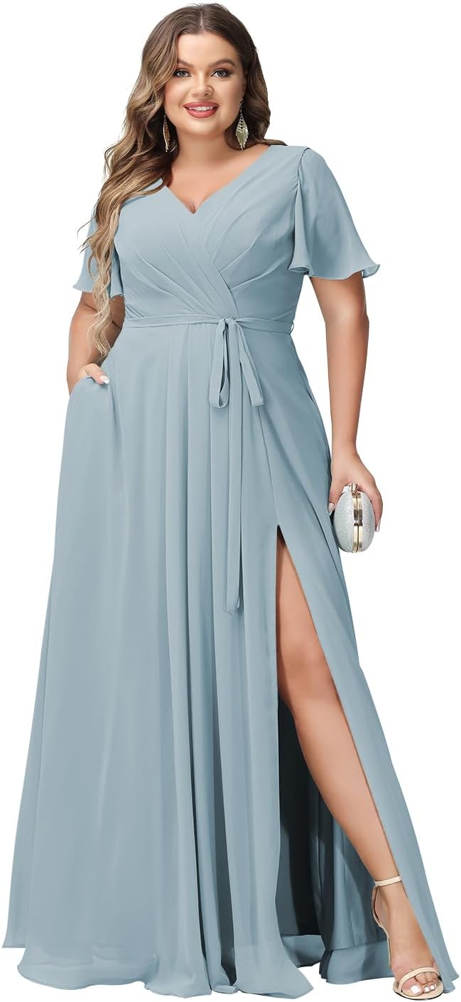 Plus Size Bridesmaid Dresses with Pockets V Neck Chiffon Flutter Sleeves Formal Evening Gowns with Slit