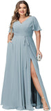 Plus Size Bridesmaid Dresses with Pockets V Neck Chiffon Flutter Sleeves Formal Evening Gowns with Slit