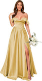 Off Shoulder Satin Bridesmaid Dresses Long Pleated Formal Dresses A Line Evening Gowns with Slit