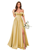 Off Shoulder Satin Bridesmaid Dresses Long Pleated Formal Dresses A Line Evening Gowns with Slit