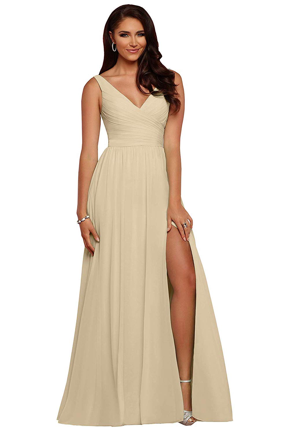 V Neck Chiffon Bridesmaid Dresses for Wedding 2027 Long Pleated Sleeveless Formal Prom Evening Gowns with Slit