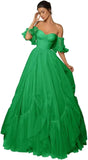 A-line Ruffled Short Sleeve Tulle Prom Dress for Women, Sweetheart Formal Gown Off The Shoulder Long Party Dress