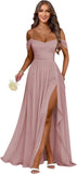 Women's Long Chiffon Bridesmaid Dresses with Slit Off Shoulder A-Line Formal Prom Evening Gown Maxi Wedding Guest Dress