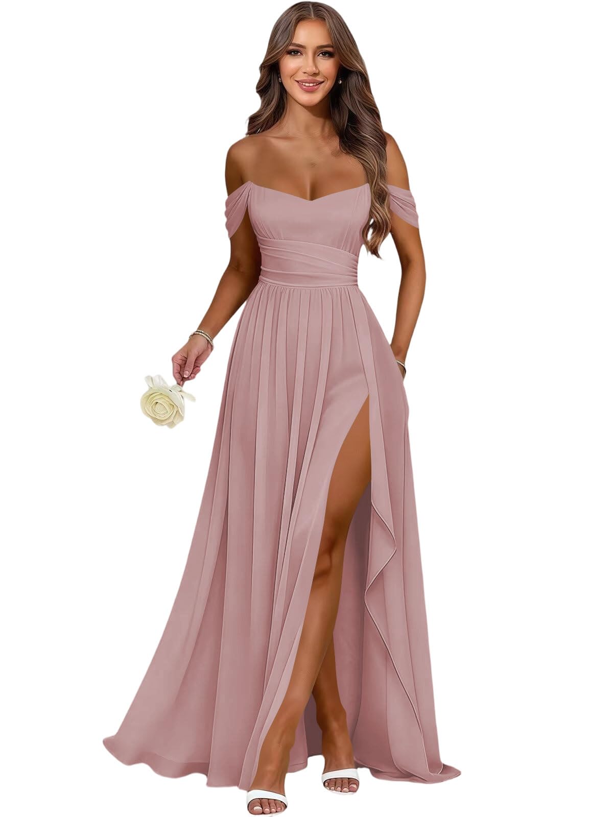 Women's Long Chiffon Bridesmaid Dresses with Slit Off Shoulder A-Line Formal Prom Evening Gown Maxi Wedding Guest Dress