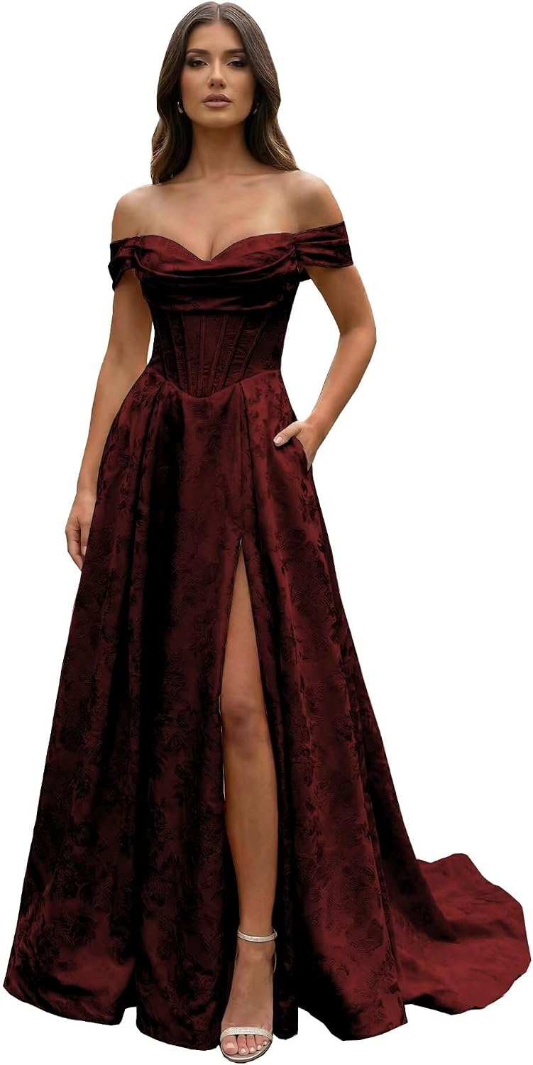 Jacquard Satin Prom Dresses for Women Off the Shoulder Corset A Line Long Formal Evening Gowns