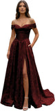 Jacquard Satin Prom Dresses for Women Off the Shoulder Corset A Line Long Formal Evening Gowns