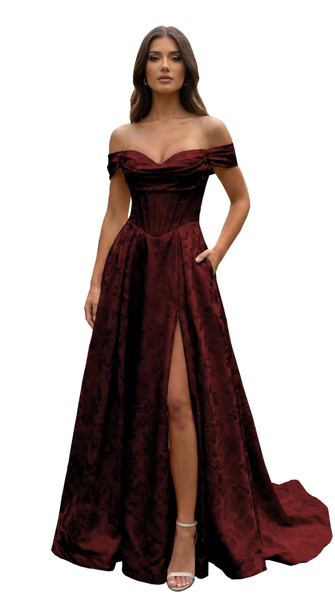 Jacquard Satin Prom Dresses Off the Shoulder Corset A Line Long Formal Gowns