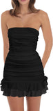 Women's Sexy Tube Top Bodycon Mini Dress Strapless Ruffle Bow Back Ruched Party Short Dresses