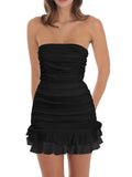 Women's Sexy Tube Top Bodycon Mini Dress Strapless Ruffle Bow Back Ruched Party Short Dresses
