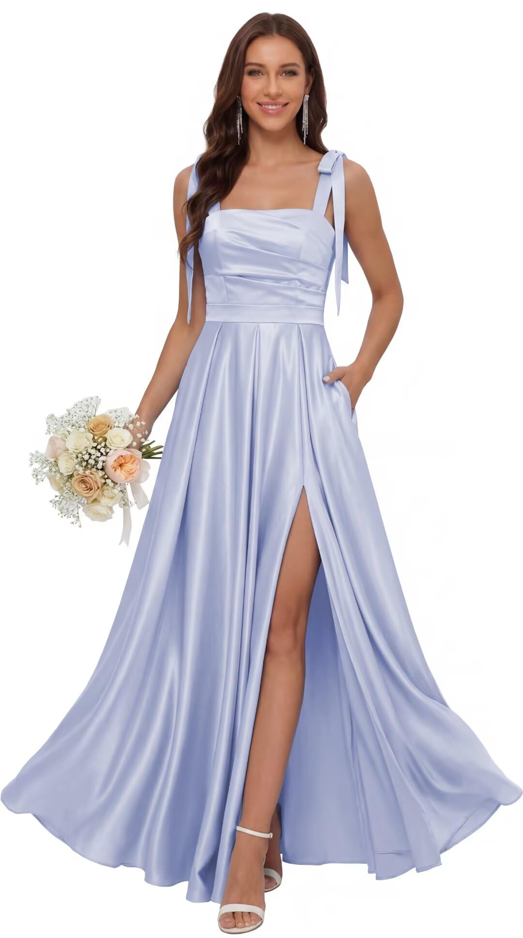 Satin Bridesmaid Dresses with Slit Spaghetti Straps Square Neck Long Formal Dress