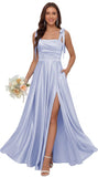 Satin Bridesmaid Dresses with Slit Spaghetti Straps Square Neck Long Formal Dress