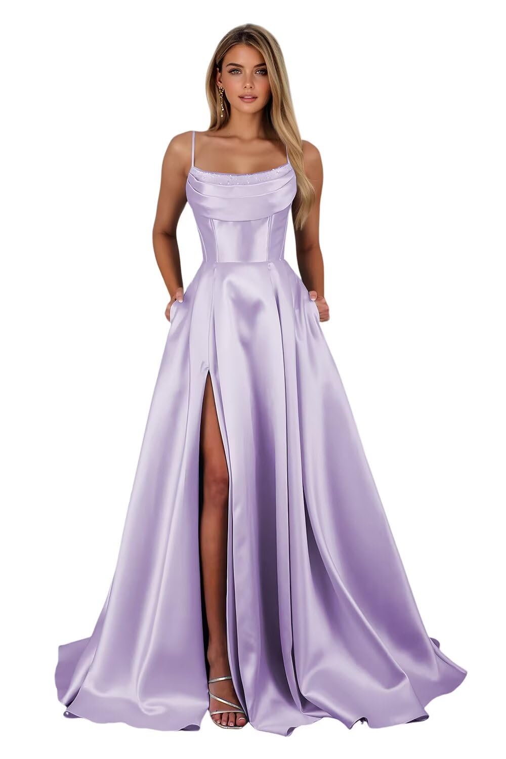 Satin Prom Dresses for Teens Long A-Line Cowl Neck Formal Evening Gown with Slit 2026 Maxi Ball Gowns