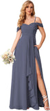Damen Schulterfreies Brautjungfernkleid Lang mit Schlitz Chiffon Rüschen Falten Formales Partykleid 