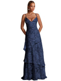 Spaghetti Strap Floral Bridesmaid Dresses for Women Tiered Ruffle A-Line Long Formal Prom Dress