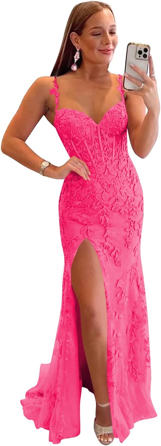 Women's Lace Mermaid Prom Dresses Long with Slit Mermaid Spaghetti Straps Backless Formal Evening Gowns
