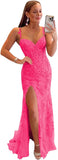 Women's Lace Mermaid Prom Dresses Long with Slit Mermaid Spaghetti Straps Backless Formal Evening Gowns