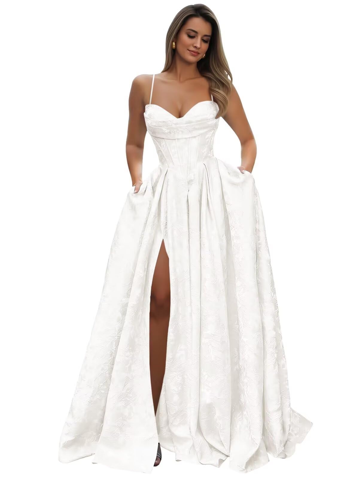 Jacquard Satin Spaghetti Straps Prom Dresses for Women Aline Backless Formal Evening Party Ball Gowns with Pockets