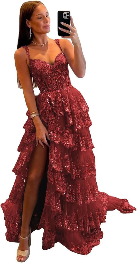 Vestido de fiesta de tul con encaje y capas, tirantes finos y abertura larga, corsé brillante, vestidos formales de fiesta de noche 