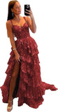 Vestido de fiesta de tul con encaje y capas, tirantes finos y abertura larga, corsé brillante, vestidos formales de fiesta de noche 