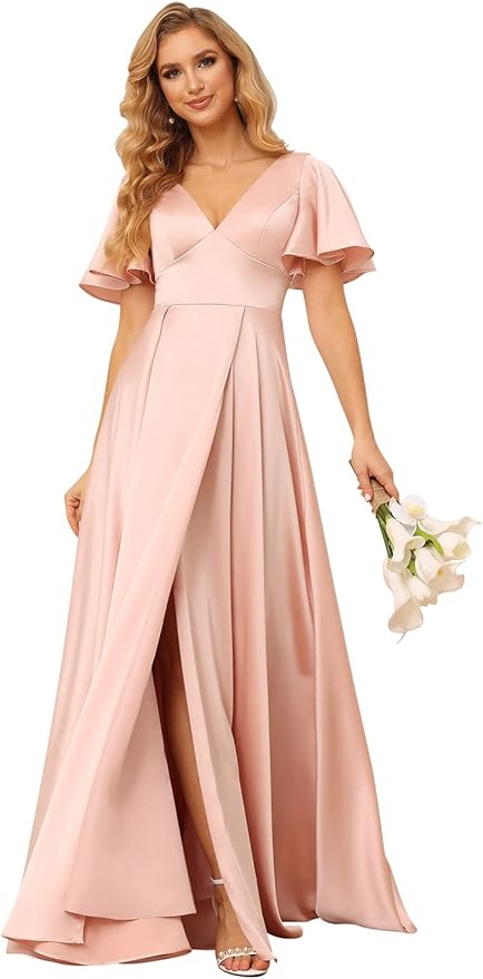 Women's V Neck Ruffle Sleeves Bridesmaid Dresses with Slit 2025 Satin A-Line Formal Evening Gowns